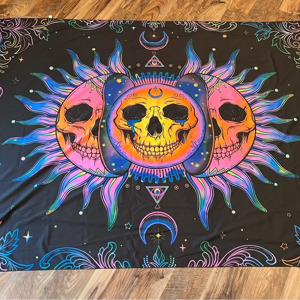 Psychedelic Triple Moon Skull Tapestry - Neon Sunset Colors 80” X 57” Large